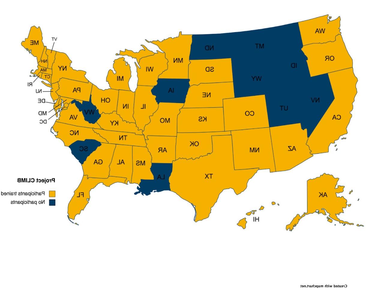 美国各州地图，以颜色编码显示CLIMB项目的参与者来自哪里